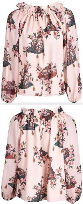 Cat and Floral Print Blouse