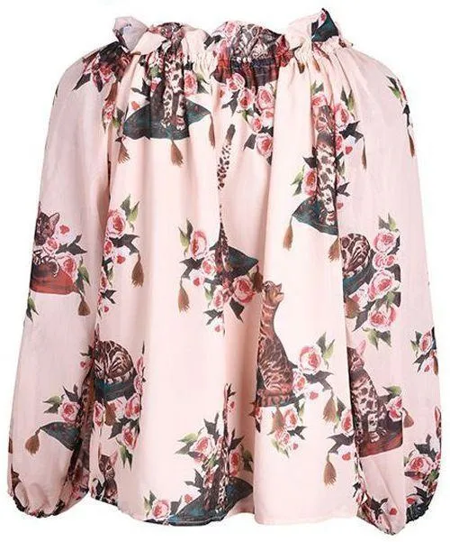 Cat and Floral Print Blouse