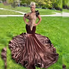 Chocolate Prom Dresses For Women Diamond Velvet Mermaid Party Gowns Sheer Neck