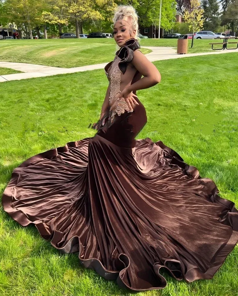 Chocolate Prom Dresses For Women Diamond Velvet Mermaid Party Gowns Sheer Neck
