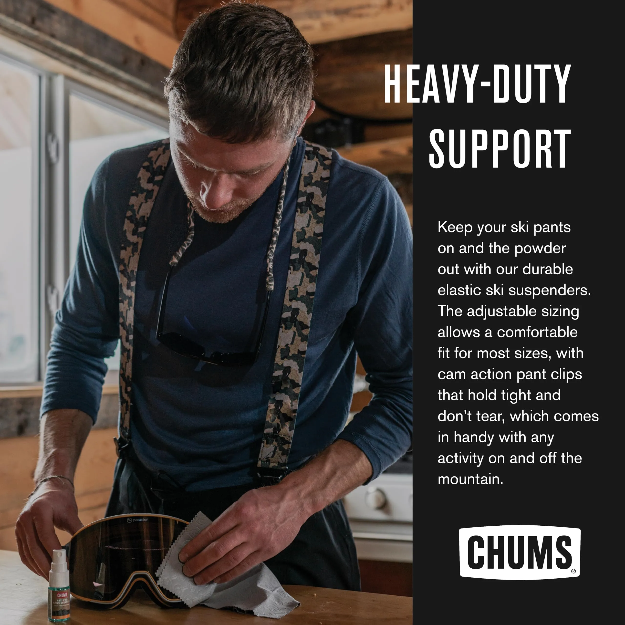 Chums Ski Suspenders for Men & Women - Heavy Duty Support Adjustable Elastic Mens Suspenders w/ Pant Clips that Won't Tear - For Skiing, Snowboarding, Winter Sports & More -One Size Fits Most (Black)