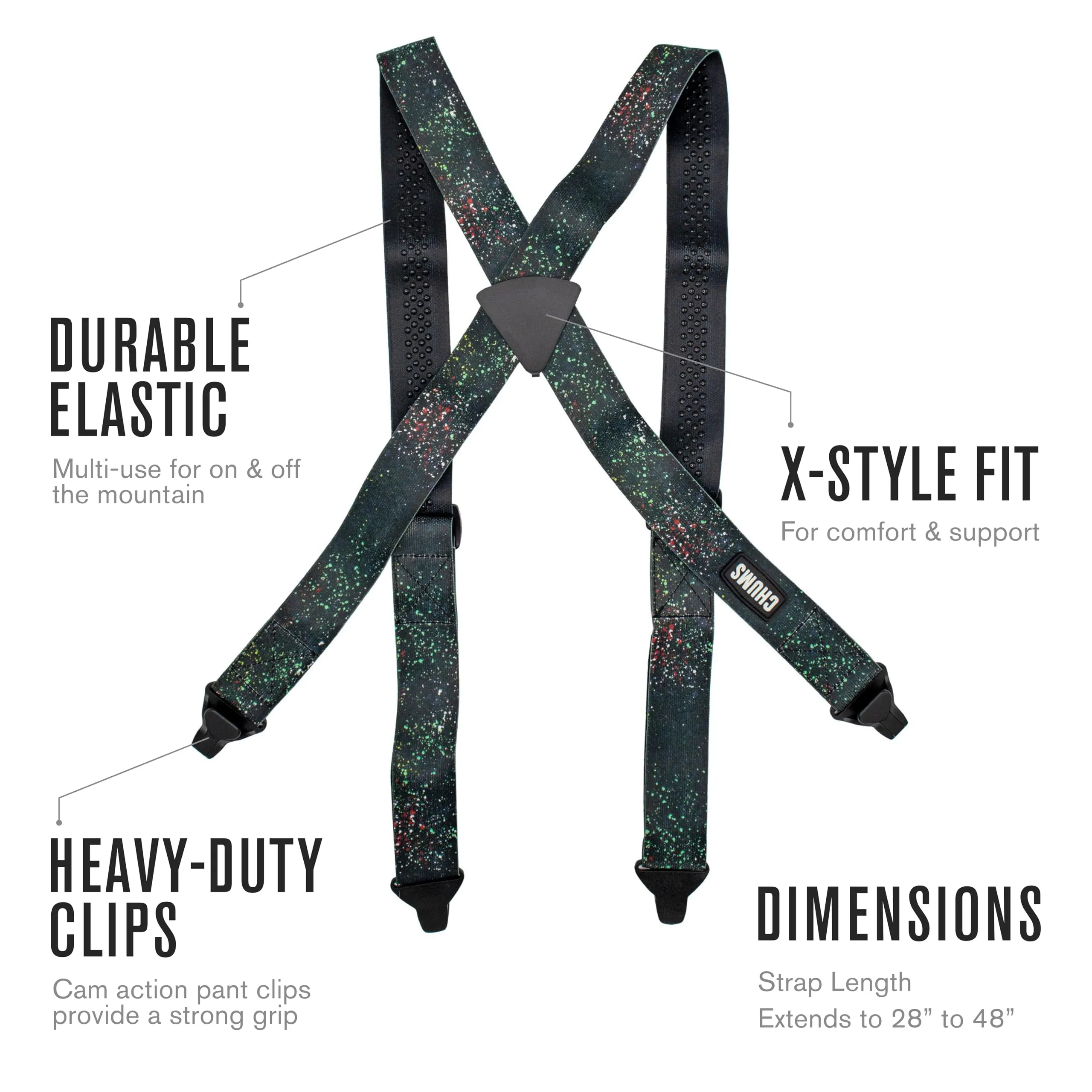 Chums Ski Suspenders for Men & Women - Heavy Duty Support Adjustable Elastic Mens Suspenders w/ Pant Clips that Won't Tear - For Skiing, Snowboarding, Winter Sports & More -One Size Fits Most (Black)