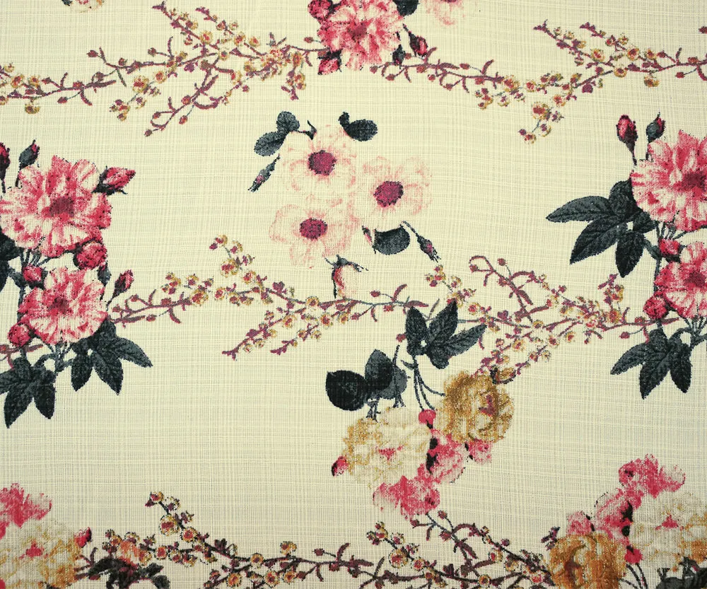 Coral Pink-Light Ivory-Multi Nylon Floral Printed Sheer Woven Fabric