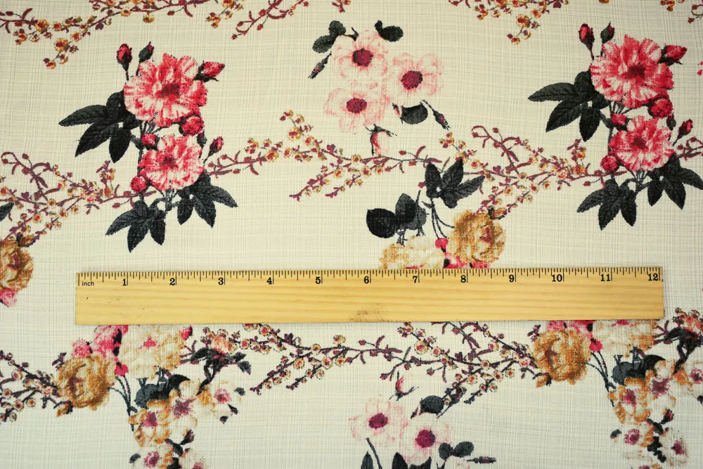 Coral Pink-Light Ivory-Multi Nylon Floral Printed Sheer Woven Fabric