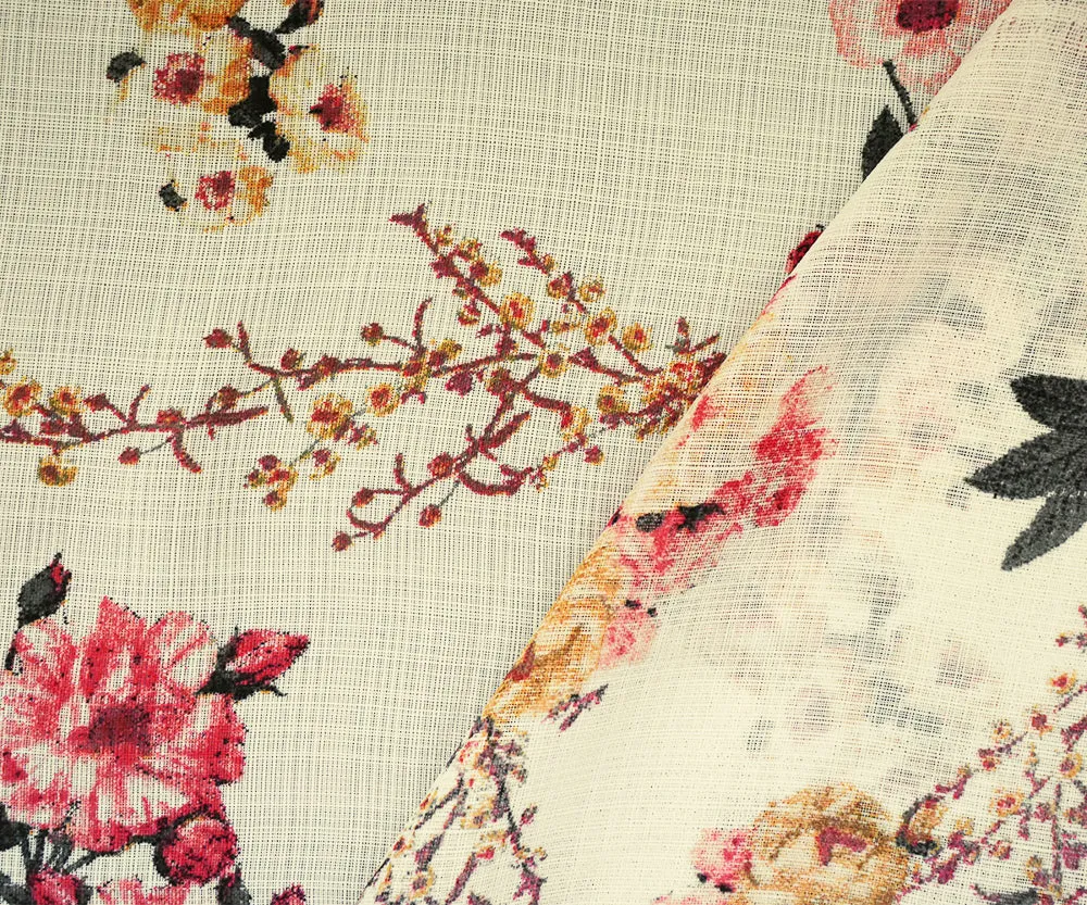 Coral Pink-Light Ivory-Multi Nylon Floral Printed Sheer Woven Fabric