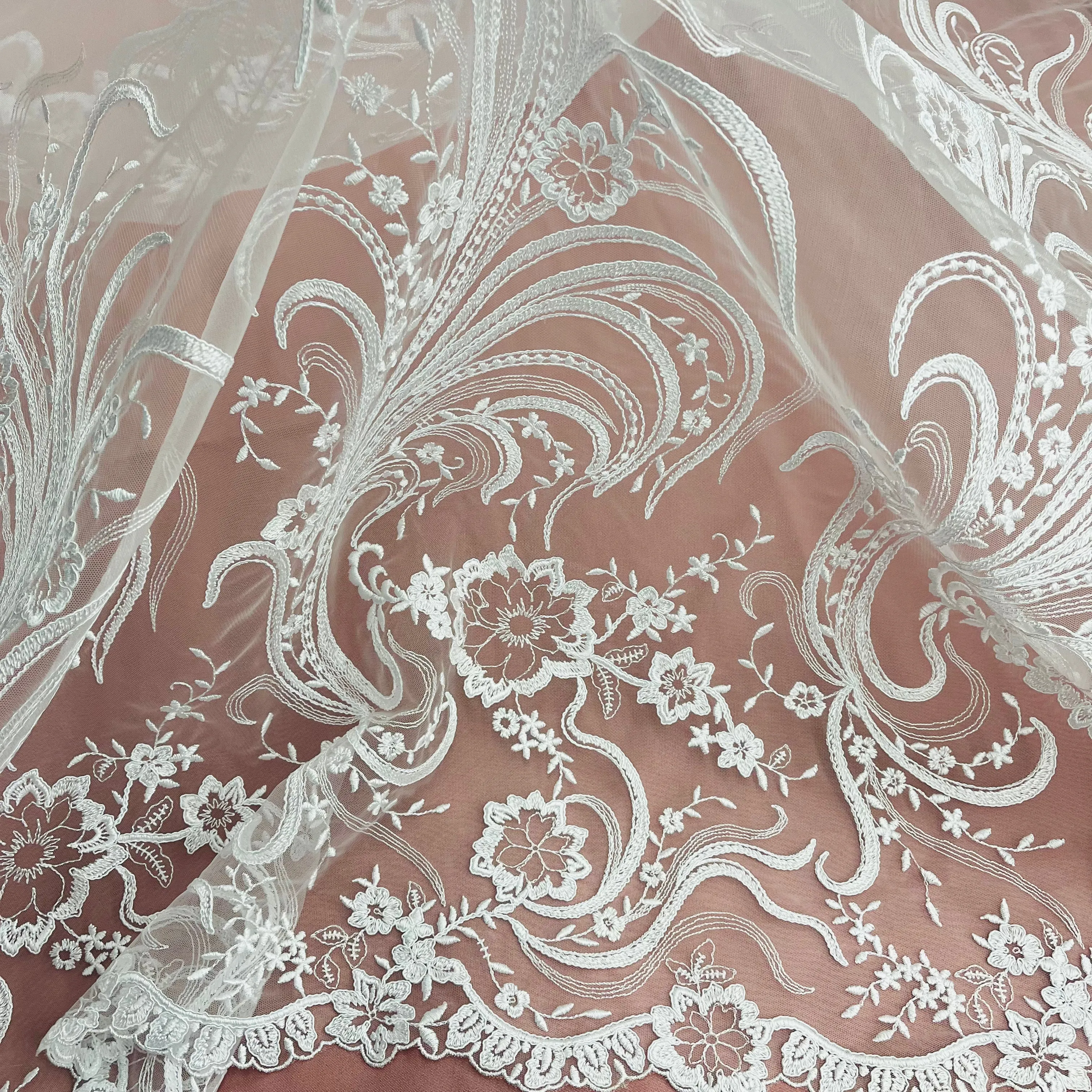 Corded Bridal Lace Fabric Embroidered on 100% Polyester Net Mesh | Lace USA - 97130W
