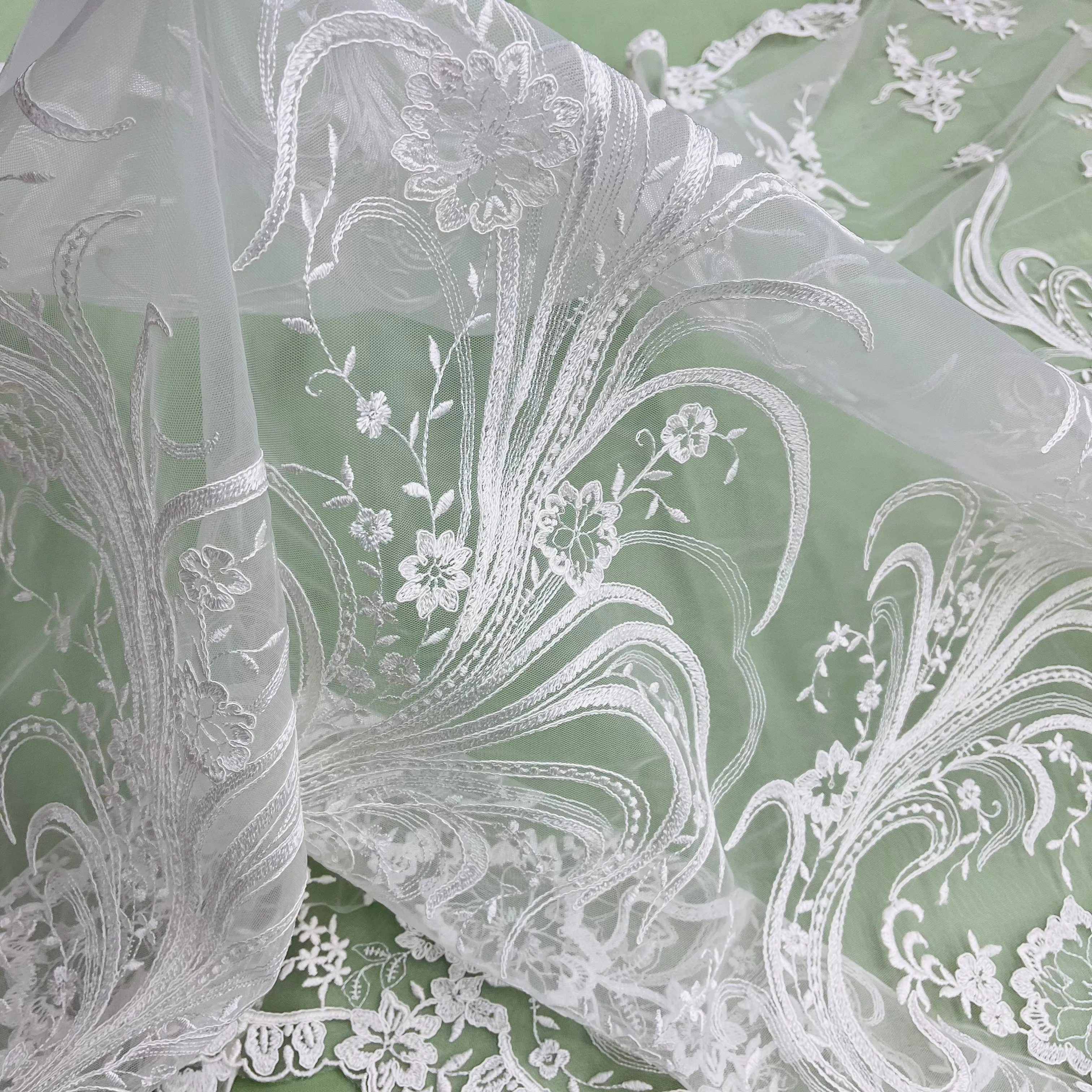 Corded Bridal Lace Fabric Embroidered on 100% Polyester Net Mesh | Lace USA - 97130W