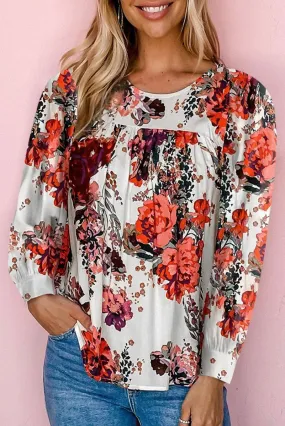 Crimson Bloom Floral Blouse Long Sleeve