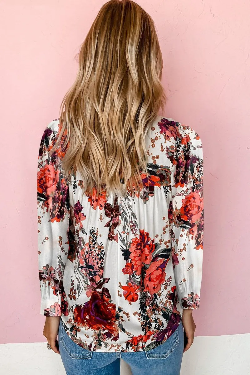 Crimson Bloom Floral Blouse Long Sleeve