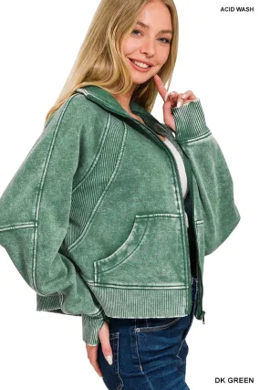 Dark Green Acid Wash Zip Up Fleece Jacket