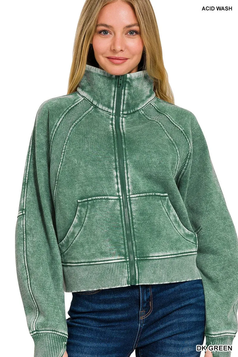 Dark Green Acid Wash Zip Up Fleece Jacket