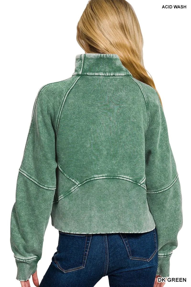 Dark Green Acid Wash Zip Up Fleece Jacket