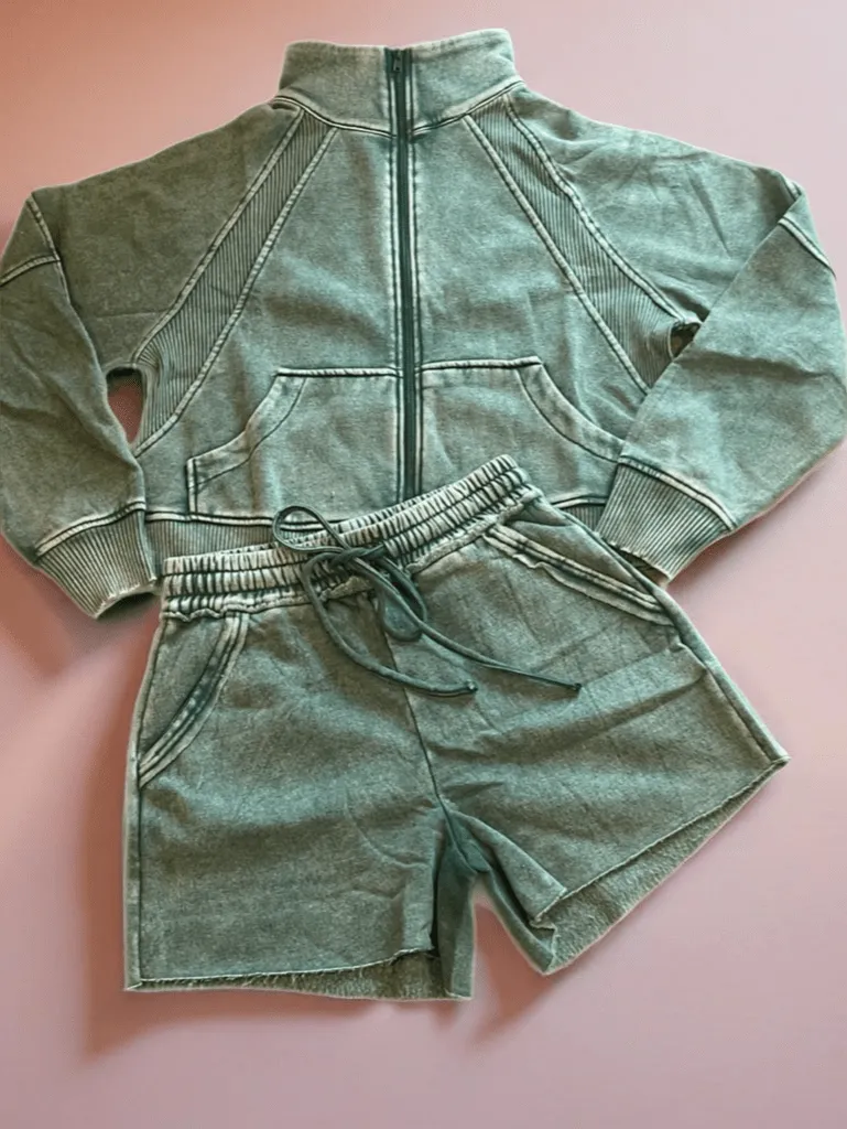 Dark Green Acid Wash Zip Up Fleece Jacket