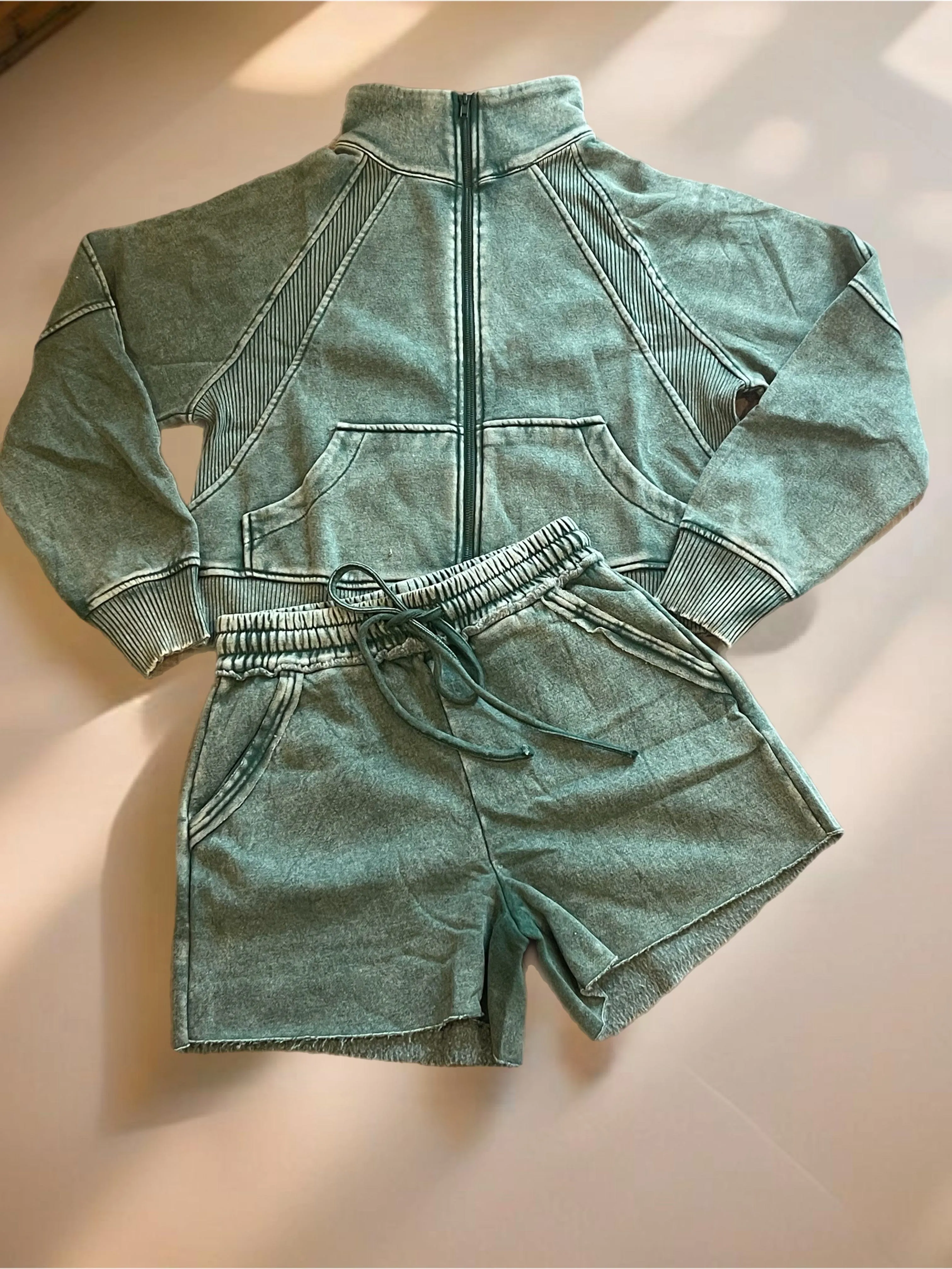 Dark Green Acid Wash Zip Up Fleece Jacket
