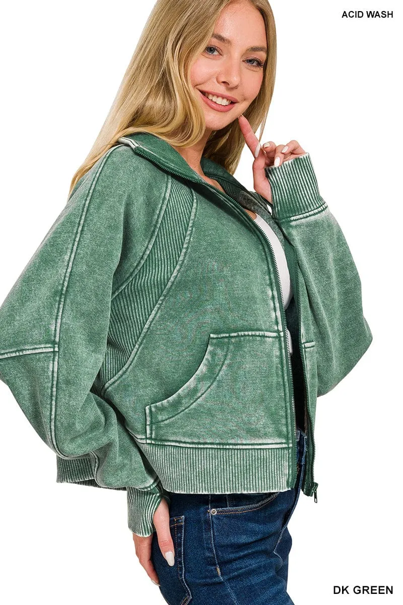 Dark Green Acid Wash Zip Up Fleece Jacket