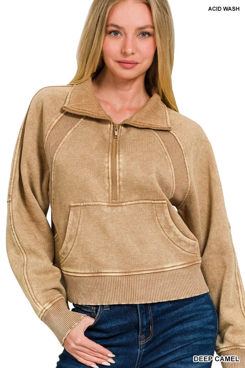 Deep Camel Acid Washed Half Zip Fleece Pullover