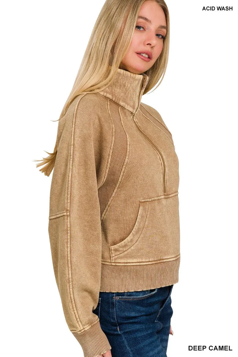 Deep Camel Acid Washed Half Zip Fleece Pullover