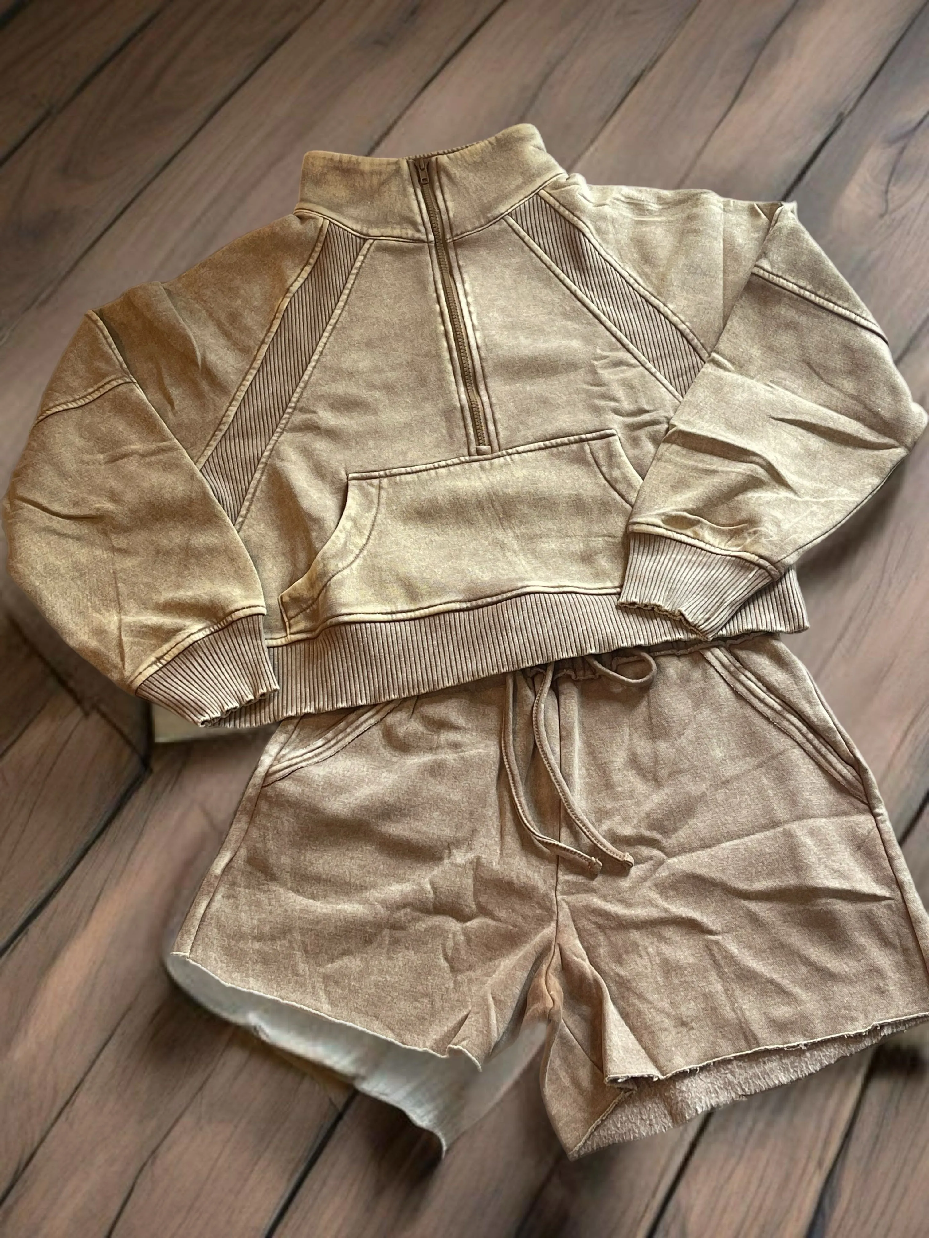 Deep Camel Acid Washed Half Zip Fleece Pullover