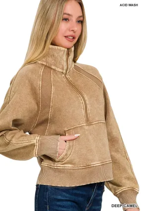 Deep Camel Acid Washed Half Zip Fleece Pullover