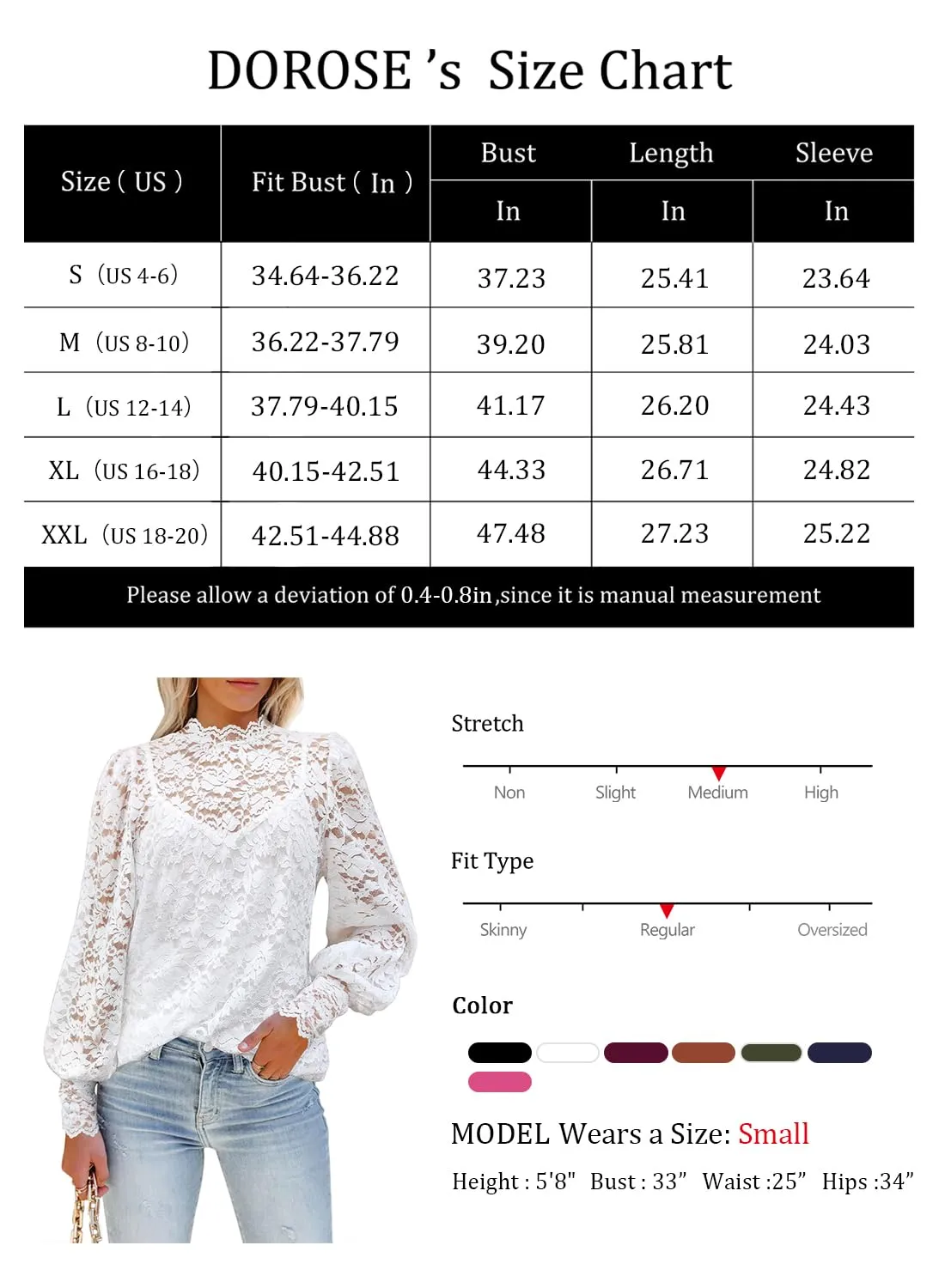 DOROSE Womens Lace Floral Tops Puff Sleeve Mock Neck Blouses White S