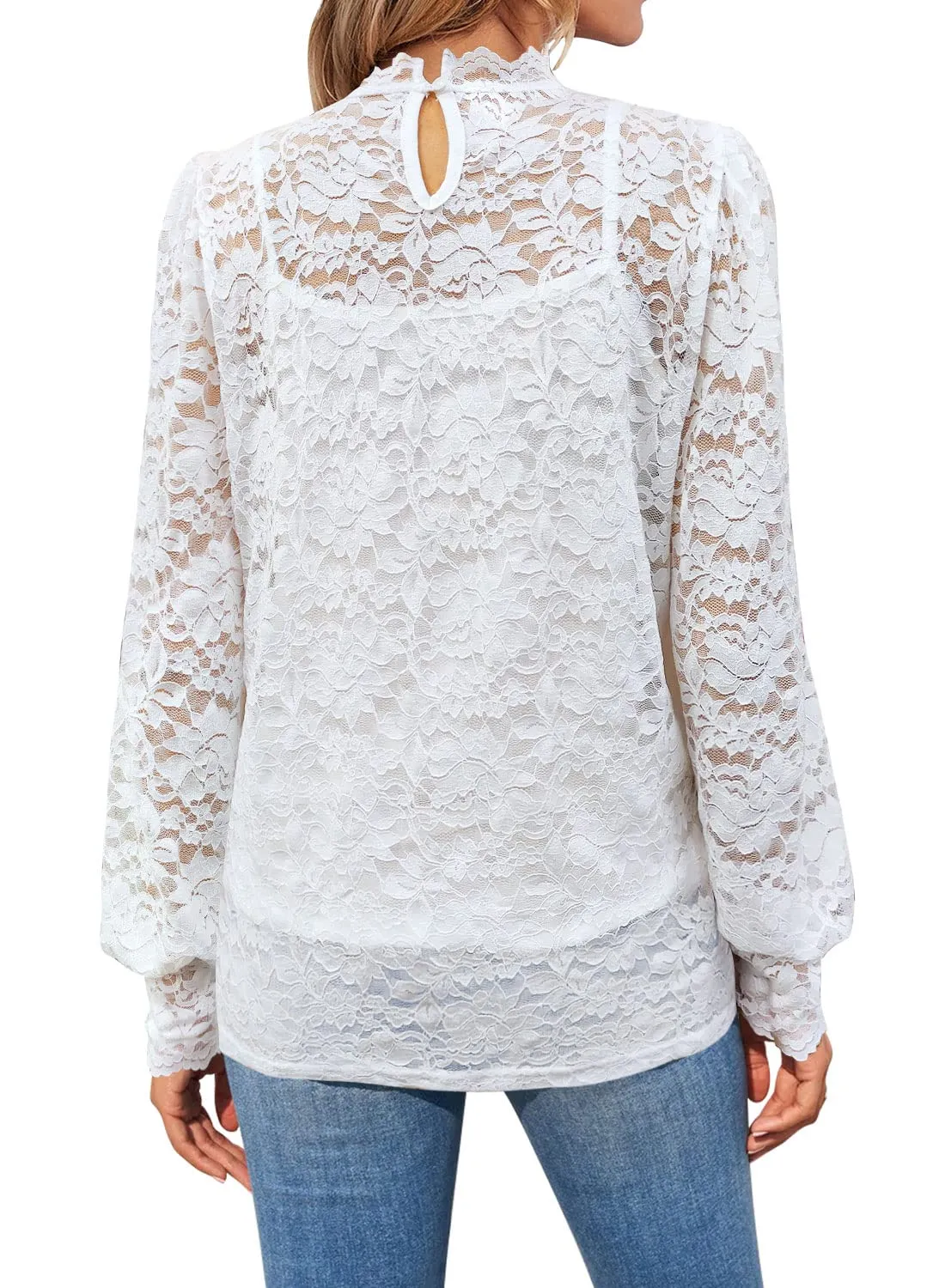 DOROSE Womens Lace Floral Tops Puff Sleeve Mock Neck Blouses White S