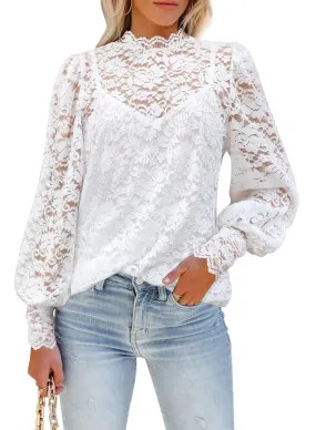 DOROSE Womens Lace Floral Tops Puff Sleeve Mock Neck Blouses White S