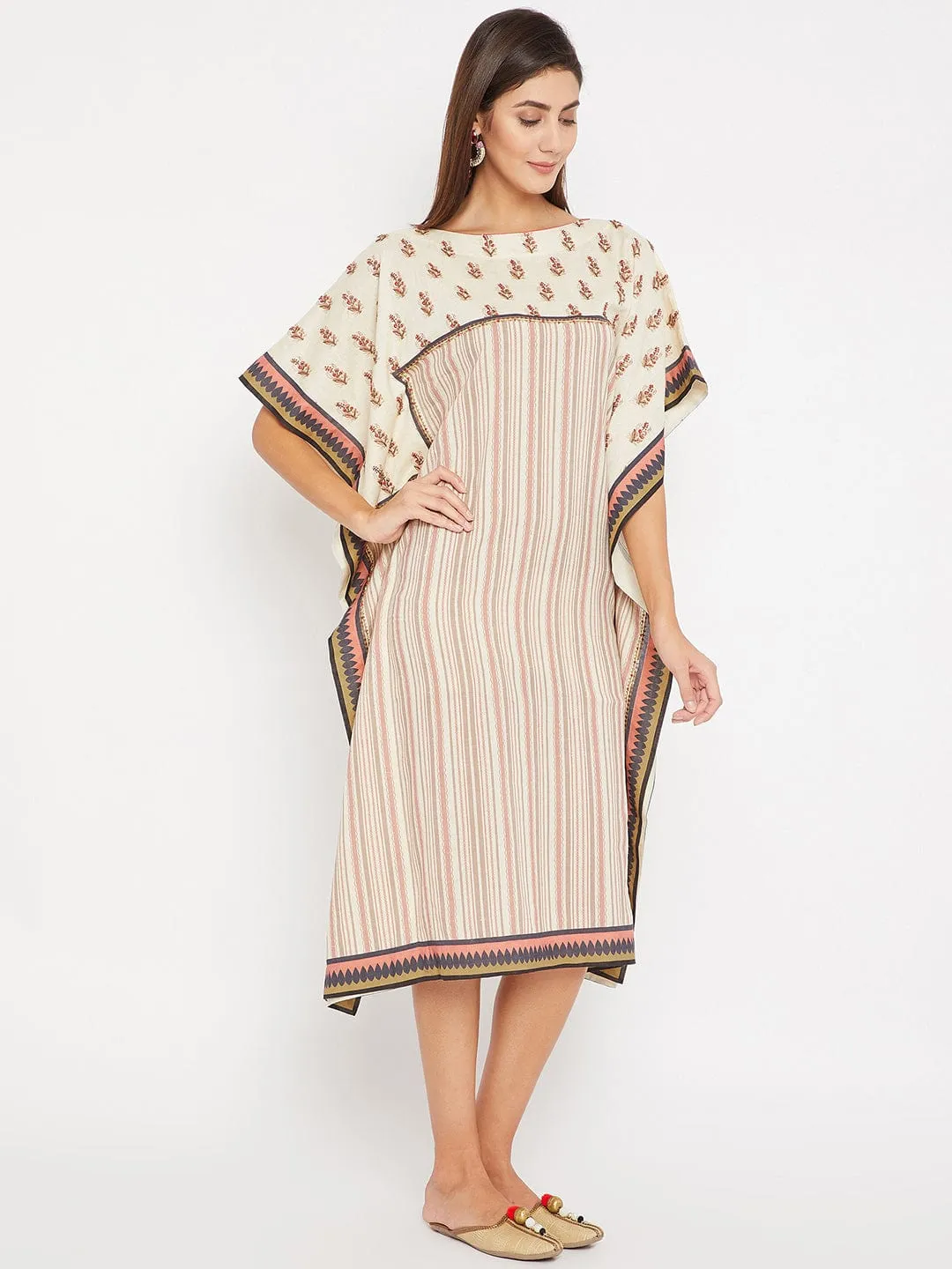 Embroidered Buta with Stripes Linen Kaftan Dress