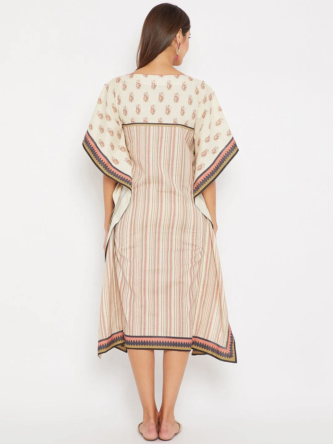 Embroidered Buta with Stripes Linen Kaftan Dress