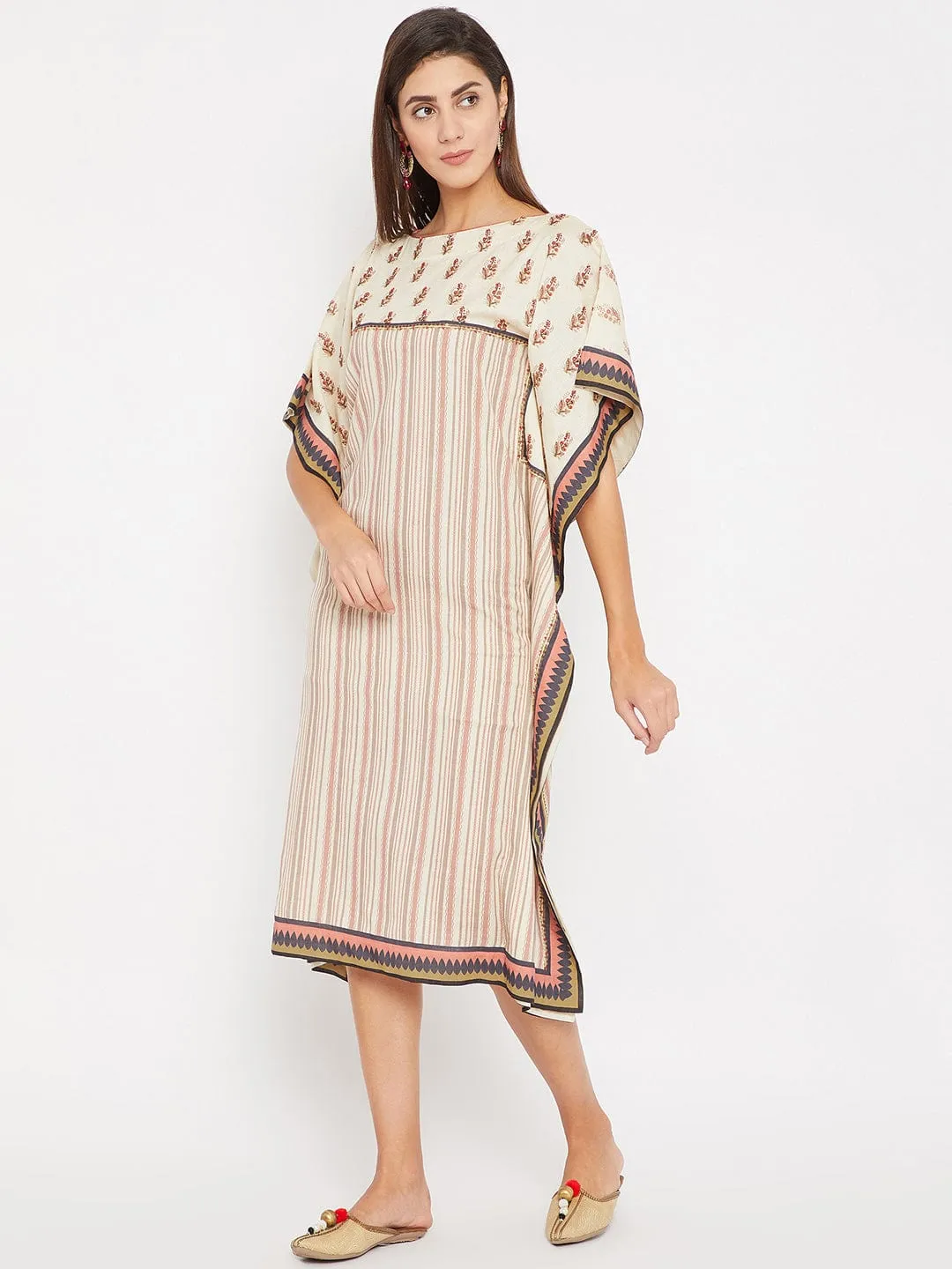 Embroidered Buta with Stripes Linen Kaftan Dress