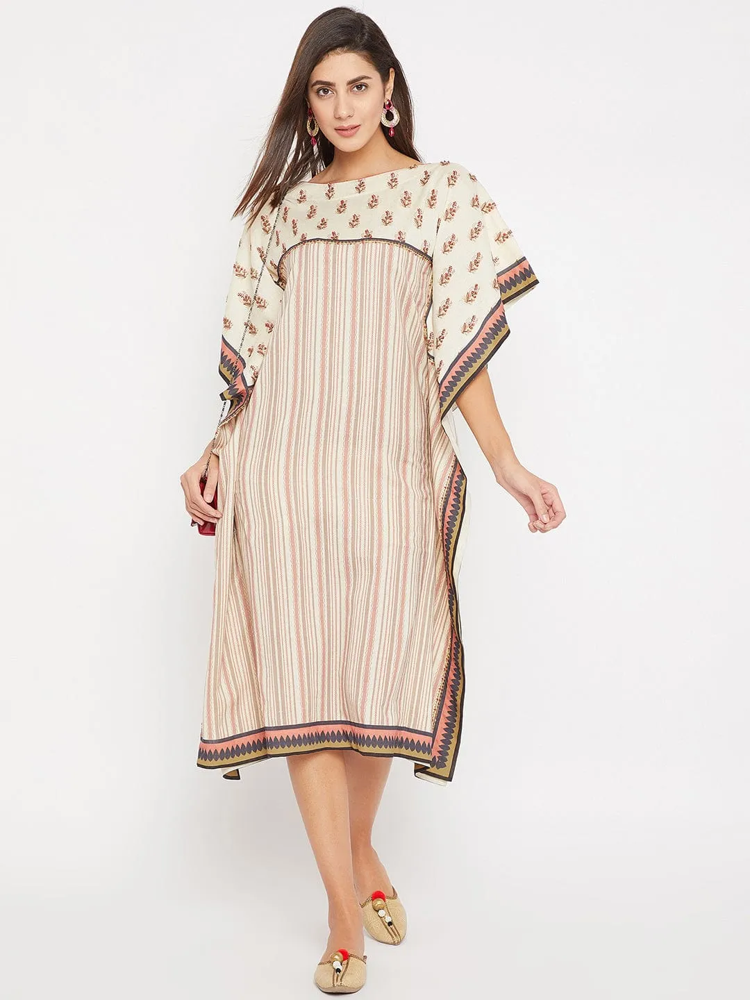 Embroidered Buta with Stripes Linen Kaftan Dress