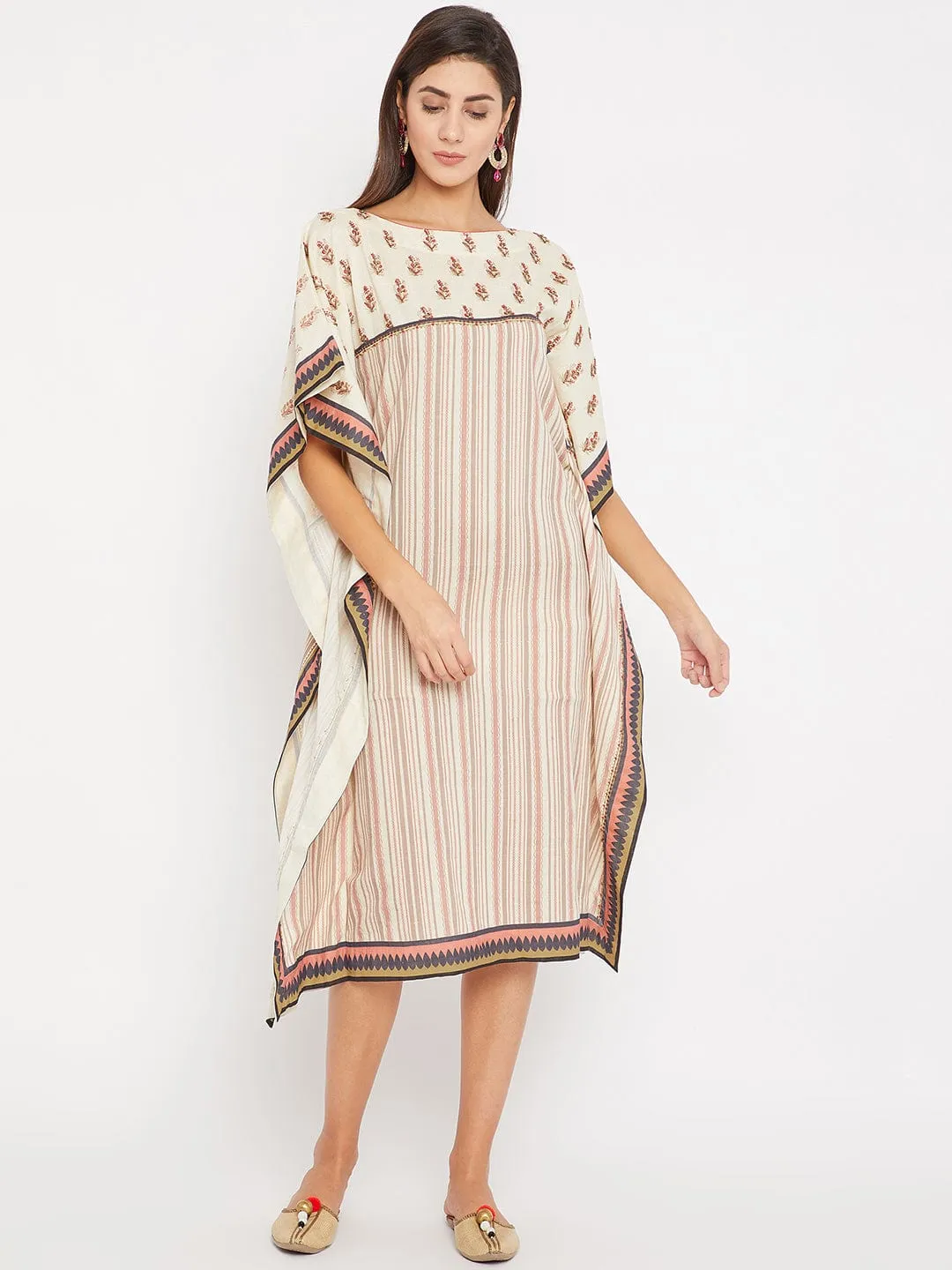 Embroidered Buta with Stripes Linen Kaftan Dress