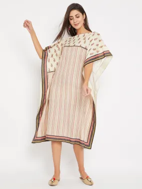 Embroidered Buta with Stripes Linen Kaftan Dress
