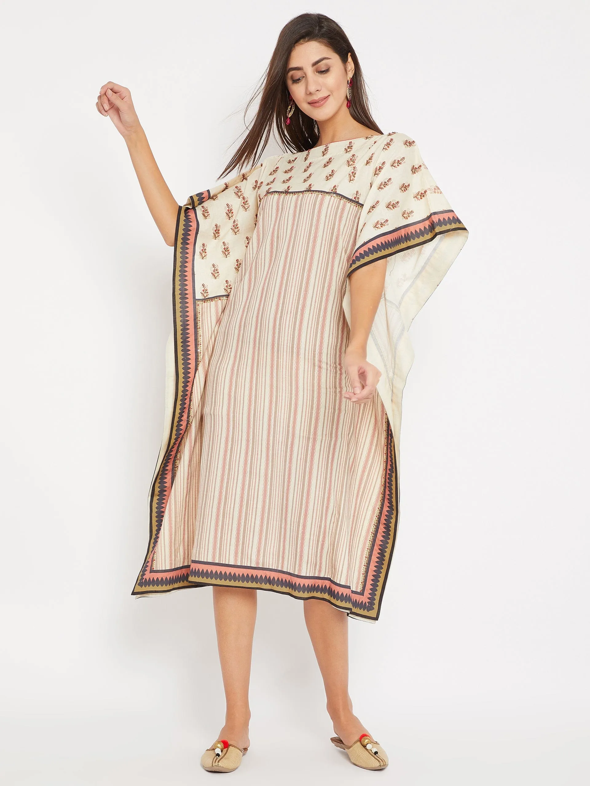 Embroidered Buta with Stripes Linen Kaftan Dress