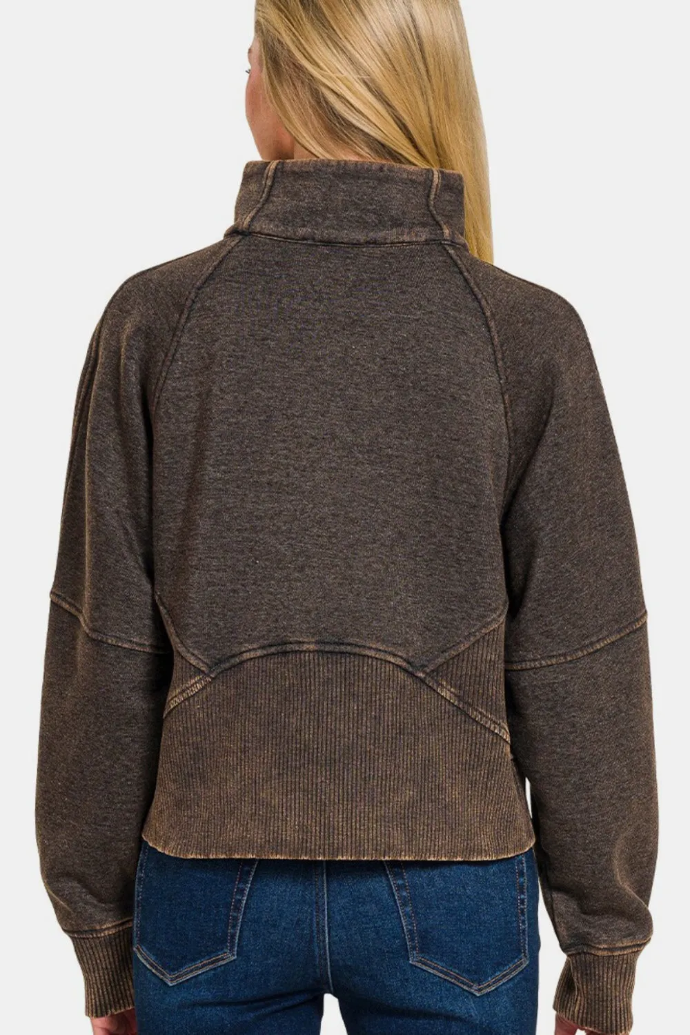 Explore More Collection - Zenana Acid Washed Half Zip Fleece Sweatshirt