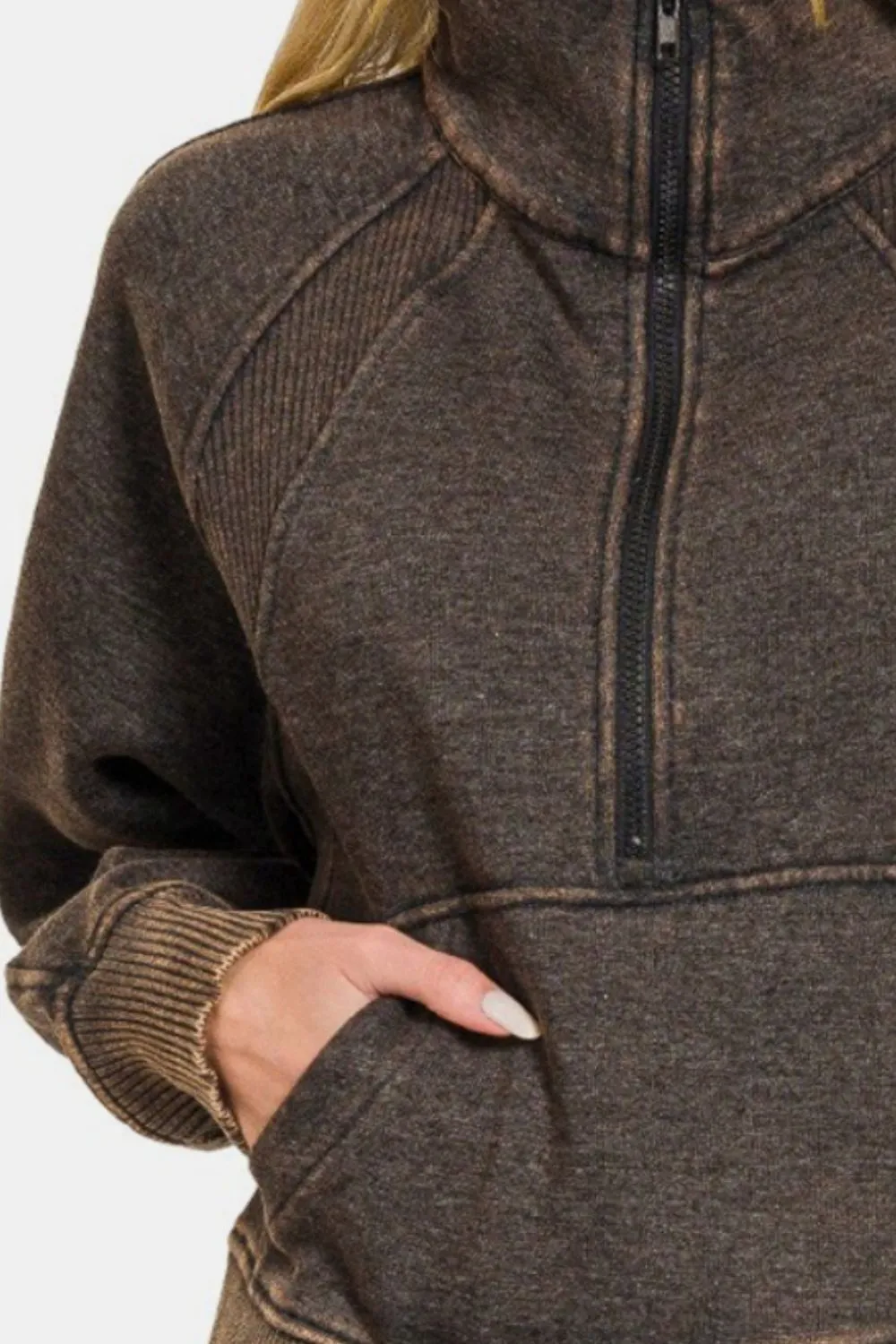 Explore More Collection - Zenana Acid Washed Half Zip Fleece Sweatshirt