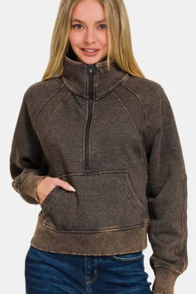 Explore More Collection - Zenana Acid Washed Half Zip Fleece Sweatshirt