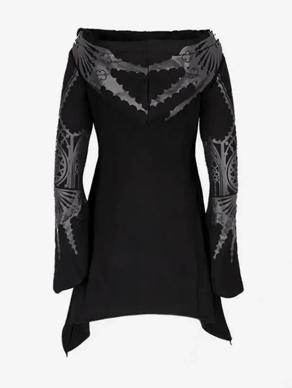 Frühling Herbst Damen Gothic Zip-Up Asymmetrischer Kapuzenmantel Kreuz Blumenmuster Tops Schwarz Flare Sleeve Outwears Jacke