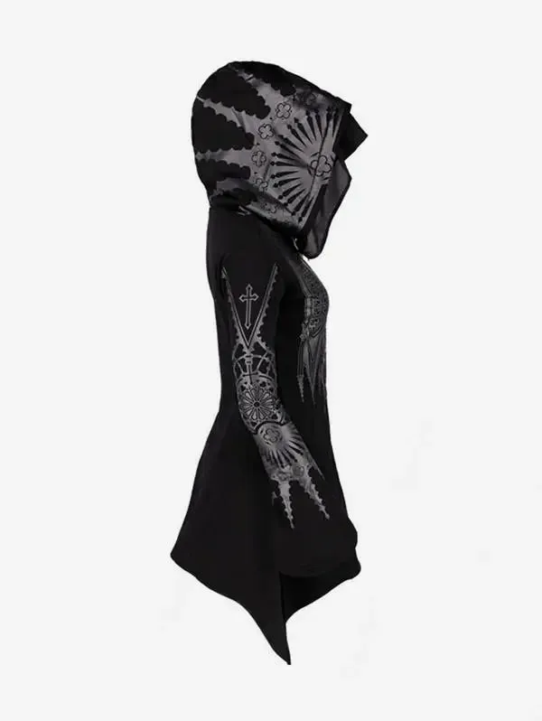 Frühling Herbst Damen Gothic Zip-Up Asymmetrischer Kapuzenmantel Kreuz Blumenmuster Tops Schwarz Flare Sleeve Outwears Jacke