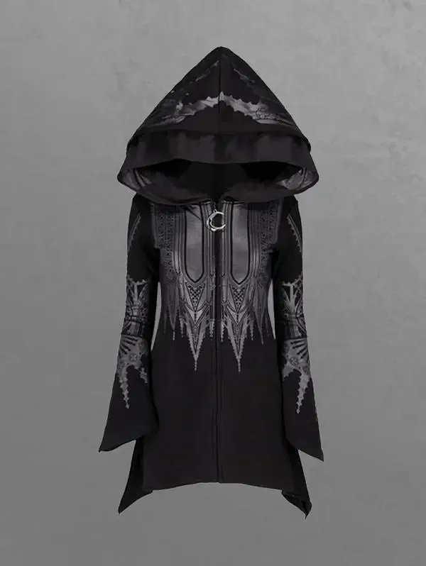 Frühling Herbst Damen Gothic Zip-Up Asymmetrischer Kapuzenmantel Kreuz Blumenmuster Tops Schwarz Flare Sleeve Outwears Jacke