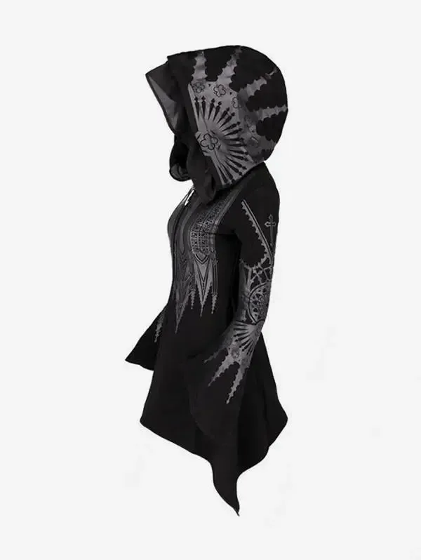 Frühling Herbst Damen Gothic Zip-Up Asymmetrischer Kapuzenmantel Kreuz Blumenmuster Tops Schwarz Flare Sleeve Outwears Jacke
