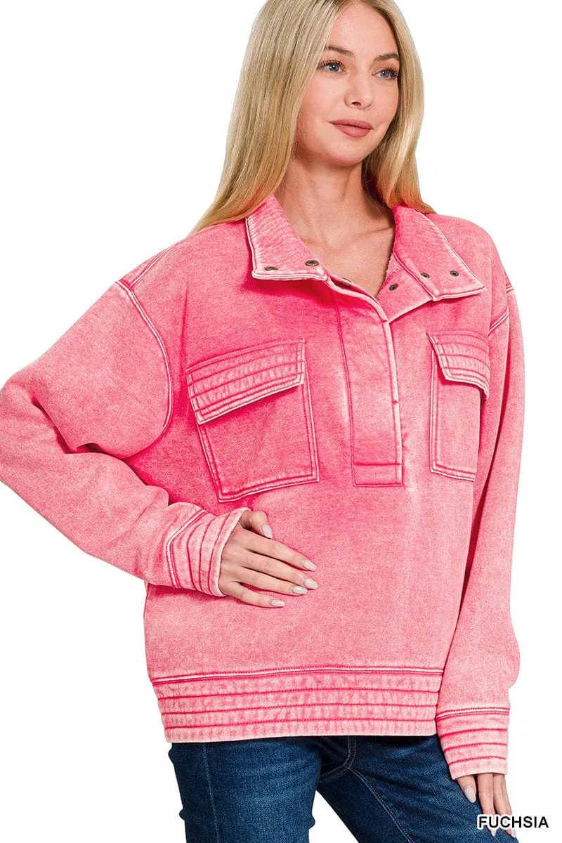 Fuchsia Acid Wash Half Snap Button Front Fleece Sweatshirt