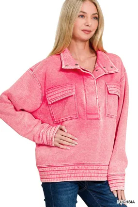 Fuchsia Acid Wash Half Snap Button Front Fleece Sweatshirt