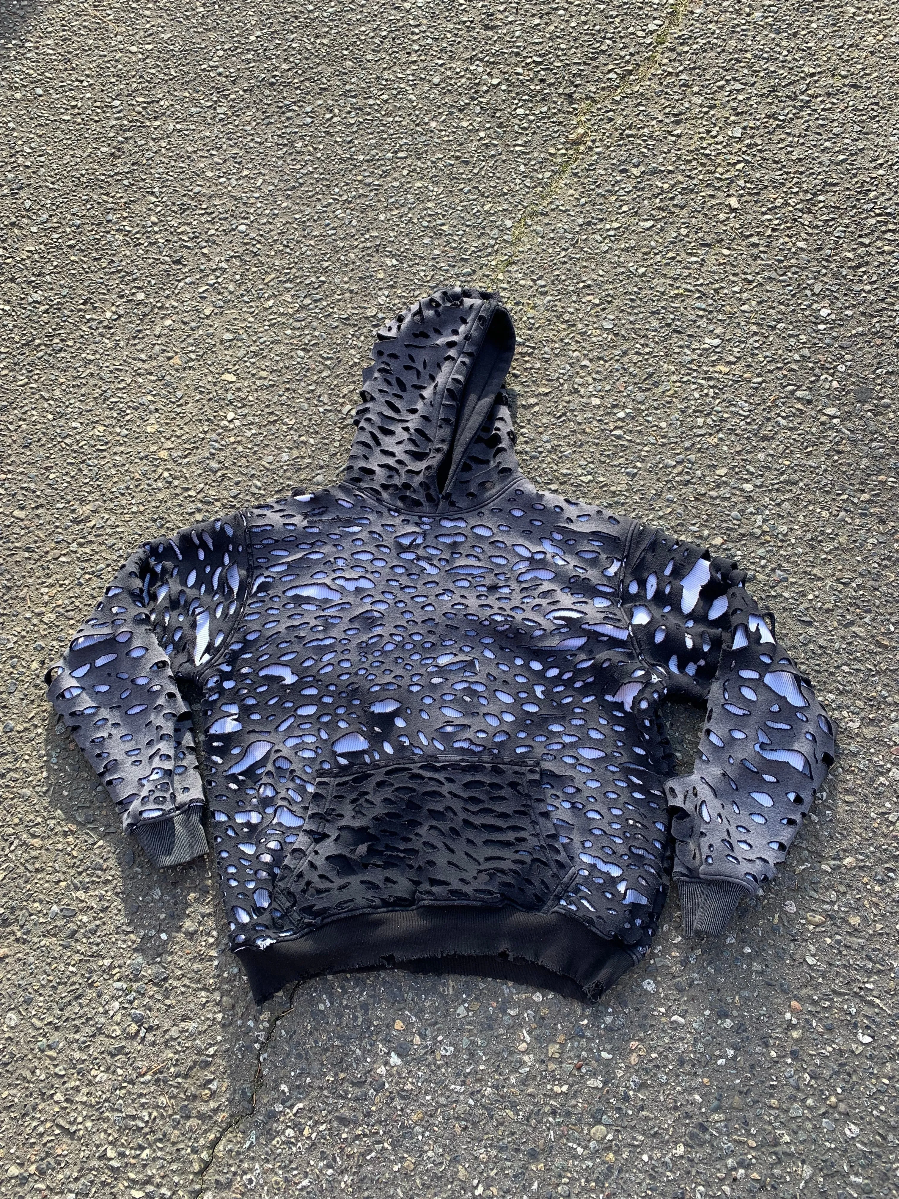 Fully Distressed Black Thermal Fade Hoodie