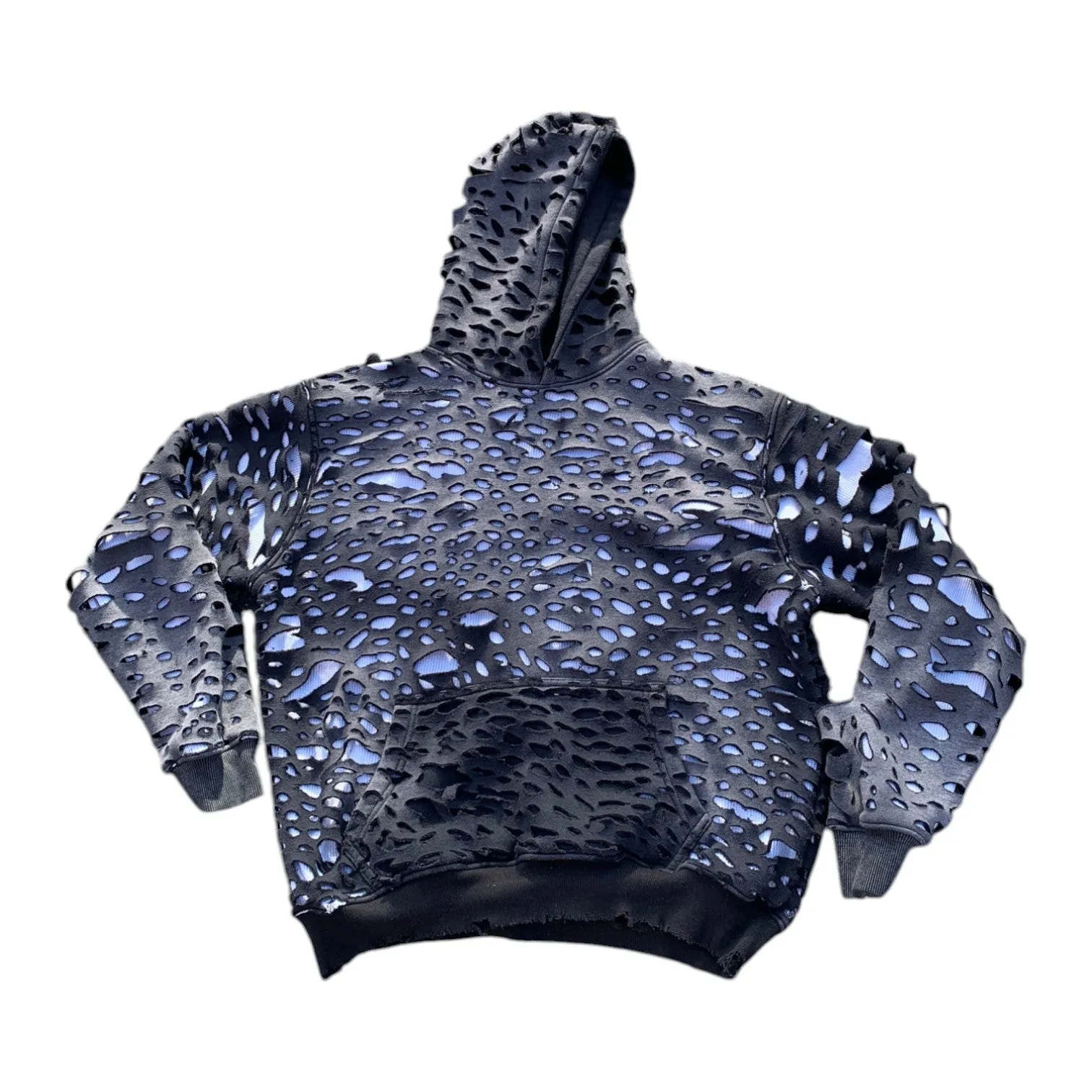 Fully Distressed Black Thermal Fade Hoodie