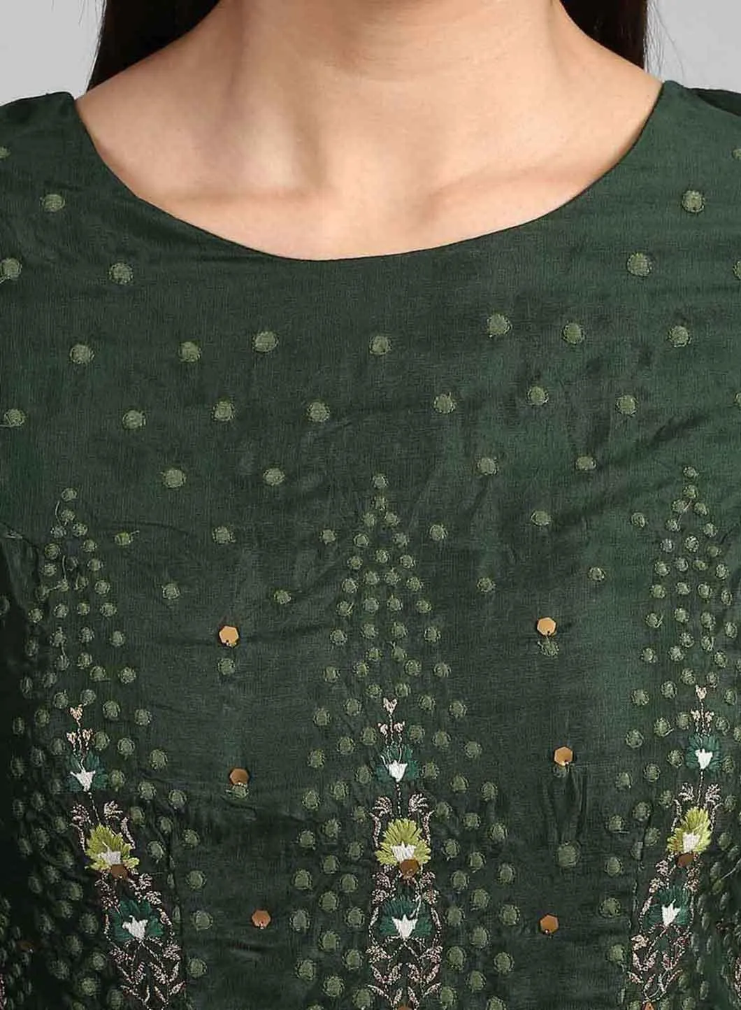Green Round Neck Embroidered Gown