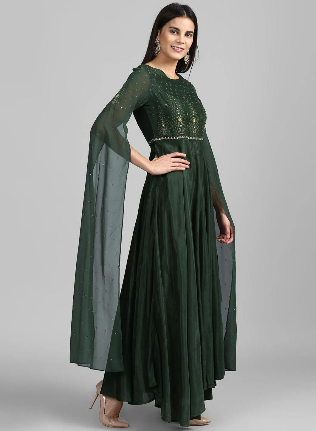 Green Round Neck Embroidered Gown