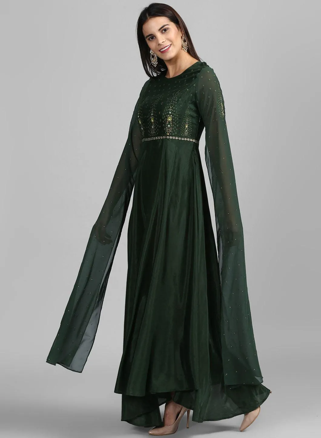 Green Round Neck Embroidered Gown