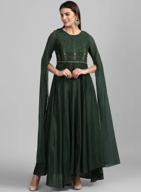 Green Round Neck Embroidered Gown