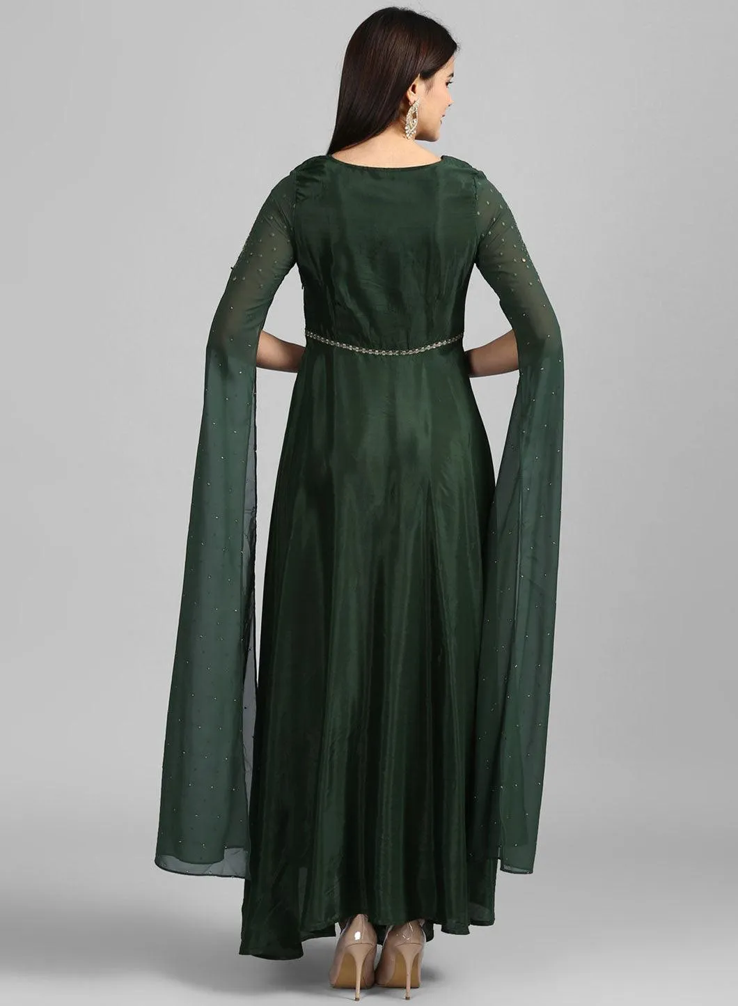 Green Round Neck Embroidered Gown