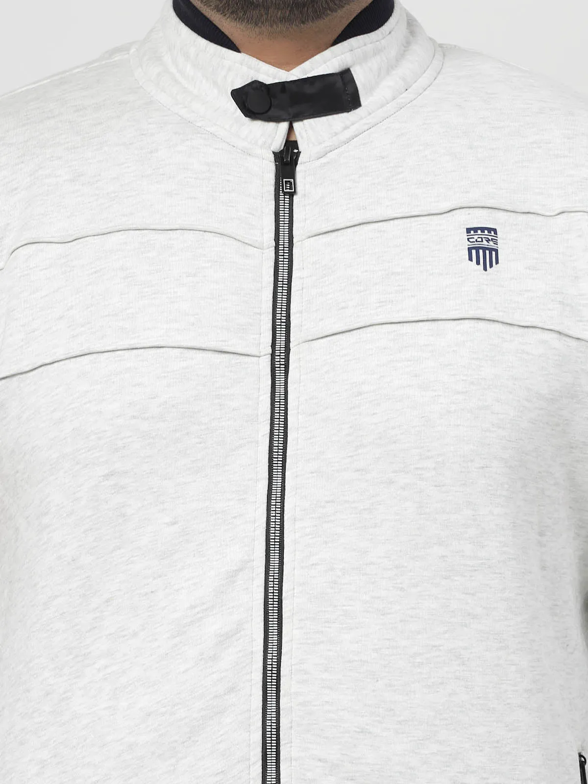 Grey Mock Collar Cotton Front Open Sweatshirt